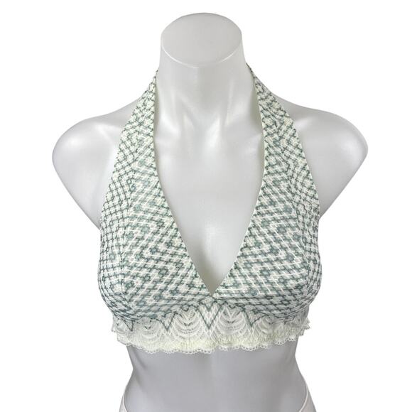 Free People Green White Geometric Lace Sleeveless Halter Bralette Bra Top Size M - Picture 1 of 3